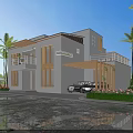 Modern Detached Villa Exterior With Palm Trees Car And Covered Patio