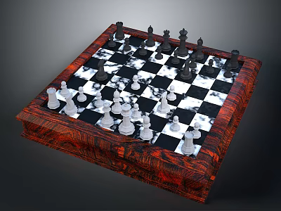 Wooden Frame Chessboard With Black White Squares And Arranged Chess Pieces 3d model