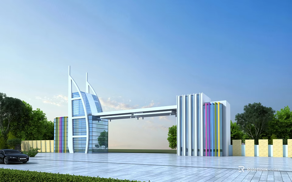 Modern Entrance Gate with Glass Panels Colorful Stripes Metal Frame and Surrounding Trees 3d model 