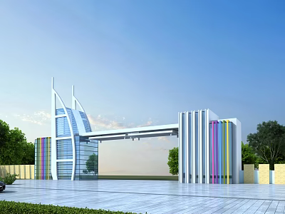 Modern Entrance Gate with Glass Panels Colorful Stripes Metal Frame and Surrounding Trees 3d model