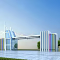 Modern Entrance Gate with Glass Panels Colorful Stripes Metal Frame and Surrounding Trees