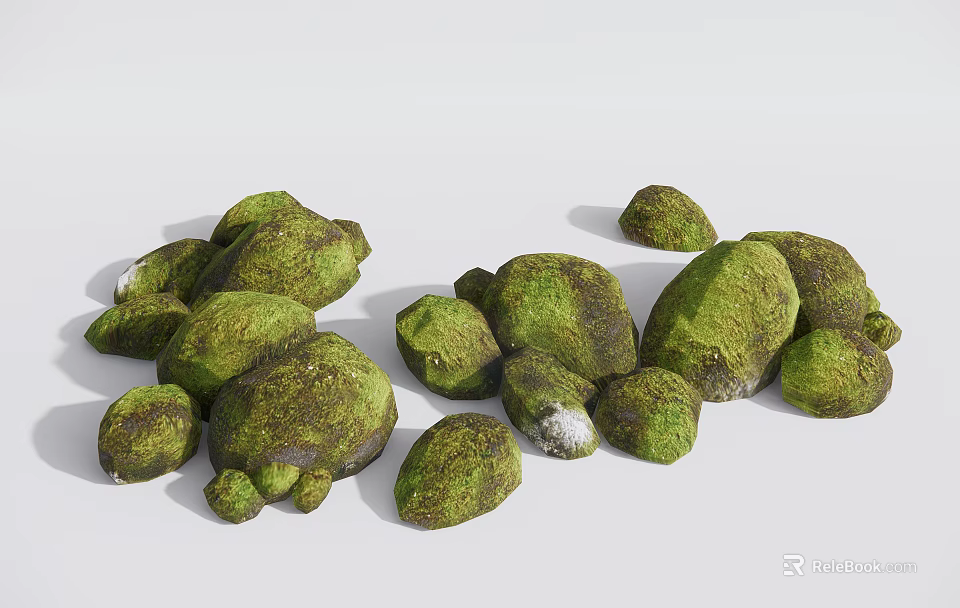 Natural Green Moss Covered Stones And Rustic Wooden Logs For Garden Landscape Design 3d model 