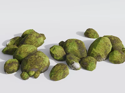 Natural Green Moss Covered Stones And Rustic Wooden Logs For Garden Landscape Design 3d model