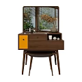 Modern Wooden Dressing Table With Yellow Drawers Round Mirror And Stool 3d model