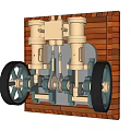 Industrial Equipment Featuring Dual Cylinders Metal Components Black Wheels And Wooden Structure Background