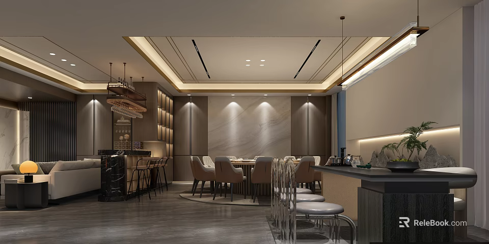 Modern Private Room Interior With Dining Table Chairs And Ambient Lighting 3d model