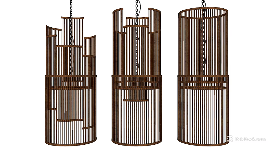 Modern Wooden Chandeliers with Vertical Slats and Geometric Design for Interior Decoration 3d model 