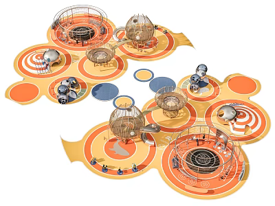 Park Landscape With Circular Platforms Orange Blue Elements And Play Structures 3d model
