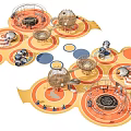 Park Landscape With Circular Platforms Orange Blue Elements And Play Structures 3d model