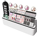 Modern Cosmetic Display Shelves With Various Makeup Products And Organized Sections