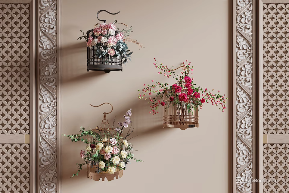Decorative Hanging Flower Cages With Colorful Blooms On Beige Wall With Carved Patterns 3d model 