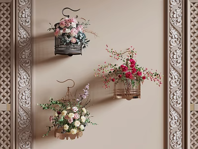 Decorative Hanging Flower Cages With Colorful Blooms On Beige Wall With Carved Patterns 3d model