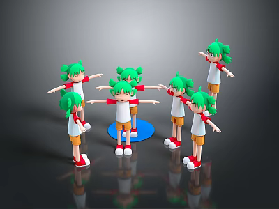 Colorful Toy Figures With Green Hair White Shirts Orange Shorts Red Shoes On Blue Platform 3d model