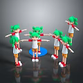 Colorful Toy Figures With Green Hair White Shirts Orange Shorts Red Shoes On Blue Platform
