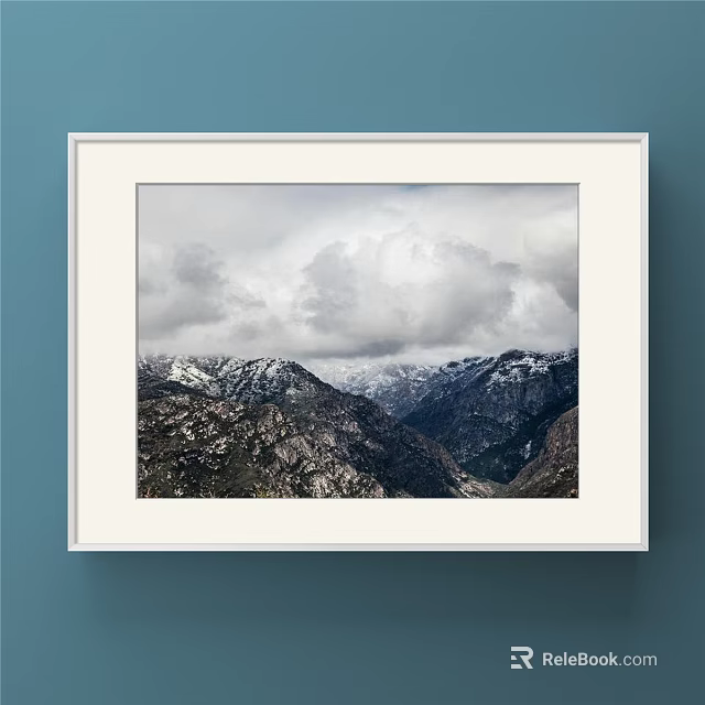 White Framed Landscape Painting With Snow Capped Peaks And Cloudy Sky 3d model 