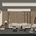 Modern Cozy Living Room Interior Design With Beige Sofa Armchair Wooden Shelves And Coffee Table