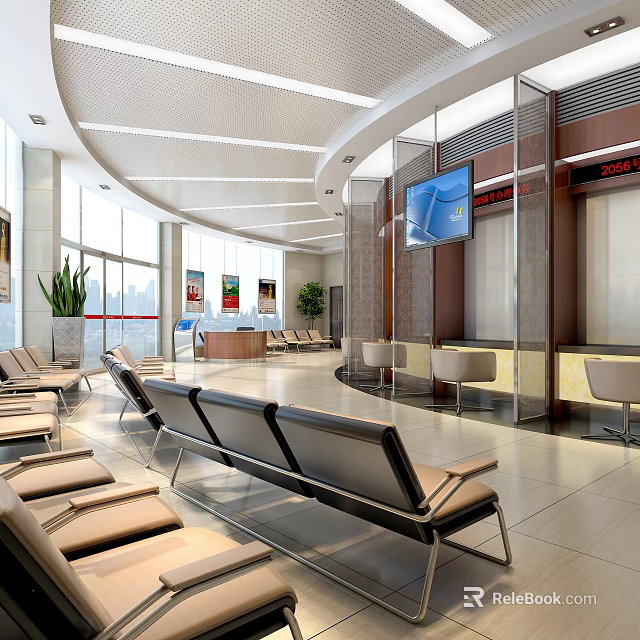 Modern Spacious Service Hall With Comfortable Seats TV Screen And Reception Counter 3d model 