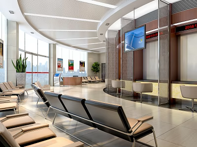Modern Spacious Service Hall With Comfortable Seats TV Screen And Reception Counter 3d model