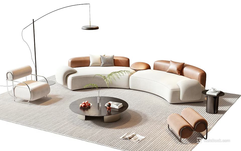 Modern Curved Beige Brown Sofa and Round Coffee Table Set With Floor Lamp and Rug 3d model 