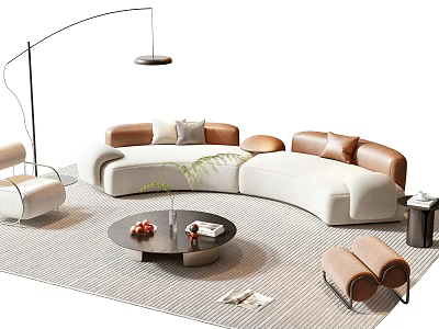 Modern Curved Beige Brown Sofa and Round Coffee Table Set With Floor Lamp and Rug 3d model