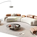 Modern Curved Beige Brown Sofa and Round Coffee Table Set With Floor Lamp and Rug