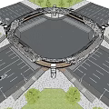 Circular Bridge Over Urban Road Intersection With Greenery And Traffic Lanes