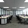 Public Office Space With Desks Computers Black Office Chairs Bookshelves Plants And Large Windows