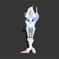 White Blue Red Mecha Robot Character With Shield And Sword Standing On Reflective Gray Background