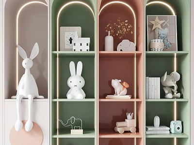 Colorful Decorative Cabinet With Multiple Shelves Cute Ornaments And Arched Lighting 3d model