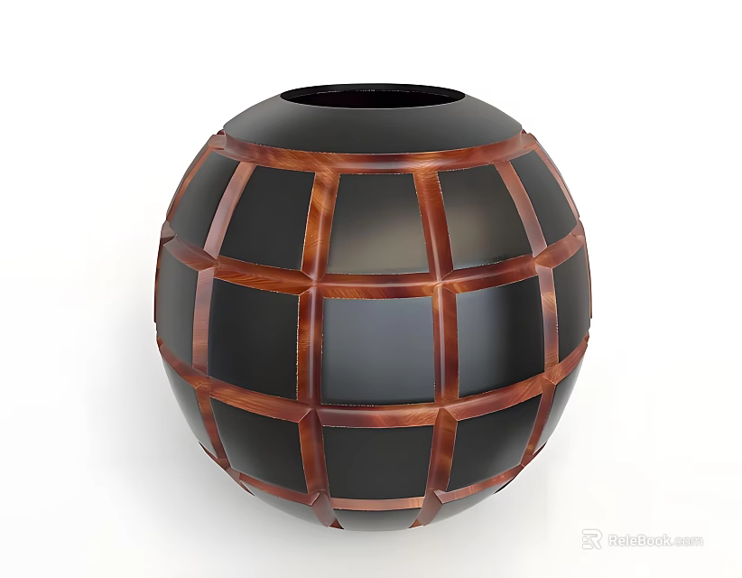 Decorative Spherical Black Vase With Brown Wooden Lattice Pattern Design 3d model 