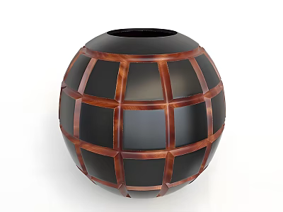 Decorative Spherical Black Vase With Brown Wooden Lattice Pattern Design 3d model