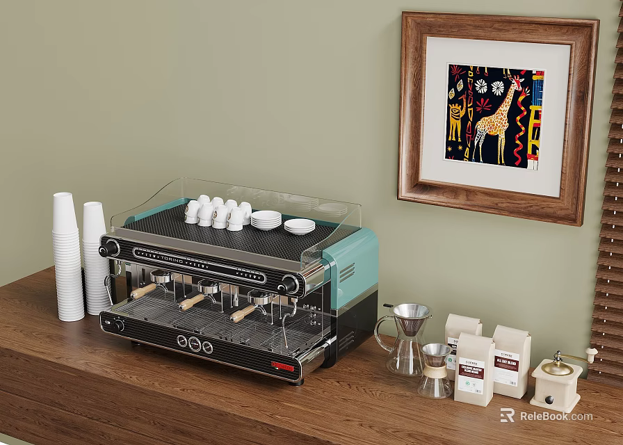 Modern Kitchen Coffee Machine With Cups Beans Milk Frother On Wooden Countertop Green Wall 3d model 