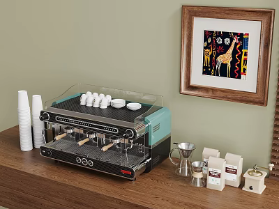 Modern Kitchen Coffee Machine With Cups Beans Milk Frother On Wooden Countertop Green Wall 3d model