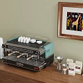 Modern Kitchen Coffee Machine With Cups Beans Milk Frother On Wooden Countertop Green Wall