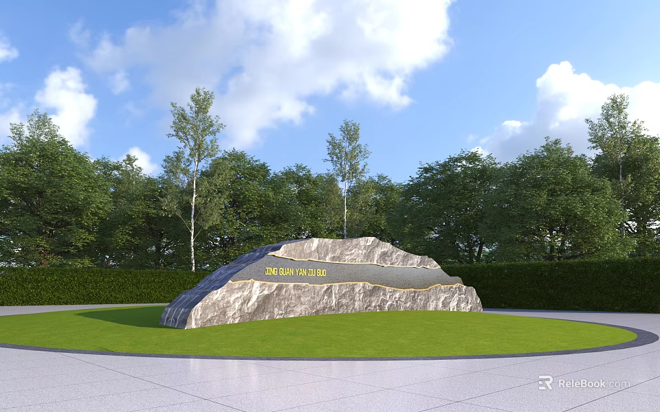 Massive Stone Monument Featuring Golden Letters and Green Trees on Lush Lawn Under Cloudy Sky 3d model 