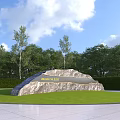 Massive Stone Monument Featuring Golden Letters and Green Trees on Lush Lawn Under Cloudy Sky