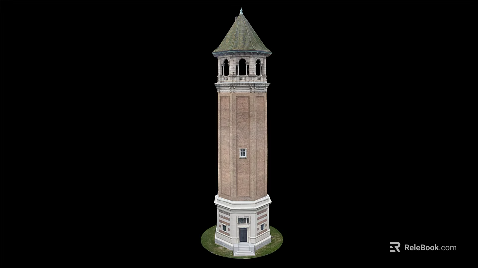 Historic Brick Tower with Pointed Spire Arched Windows and Ornate Base Design 3d model