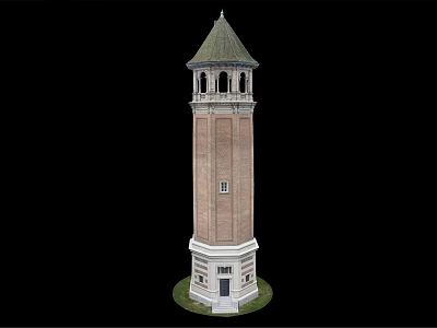 Historic Brick Tower with Pointed Spire Arched Windows and Ornate Base Design 3d model