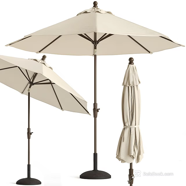 Outdoor Beige Patio Umbrellas With Fabric Canopy And Metal Pole In Open Closed States 3d model 