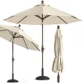 Outdoor Beige Patio Umbrellas With Fabric Canopy And Metal Pole In Open Closed States