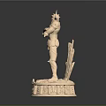 Horned Armored Warrior Statue With Crossed Arms Decorative Base And Spear Like Elements