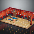 Indoor Gym Training Room Interior With Red Walls Wooden Floor White Lines Ladders Mats Barbells