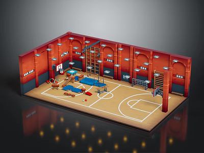 Indoor Gym Training Room Interior With Red Walls Wooden Floor White Lines Ladders Mats Barbells 3d model
