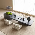 Modern Black Tea Table and Woven Design Chairs with White Cushions Decorative Items Tea Set Near Window Carpet Pendant Light