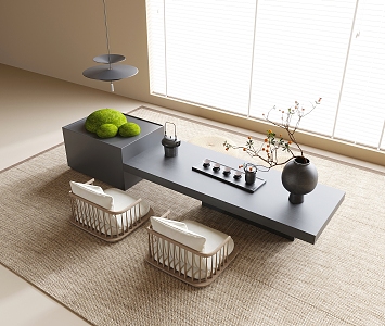 Modern Tatami Tea Table and Chair Tea Set Tea Chair Venetian Blinds 3d model