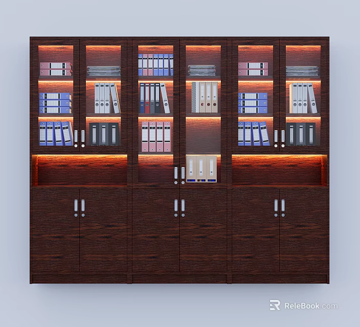 Dark Brown Bookcase with Glass Door Compartments Folders Books and Bottom Cabinet Doors Lighting Accents 3d model 