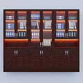 Dark Brown Bookcase with Glass Door Compartments Folders Books and Bottom Cabinet Doors Lighting Accents