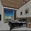 Modern Hotel Guest Room With Wooden Ceiling Large Bed Framed Paintings And Greenery View