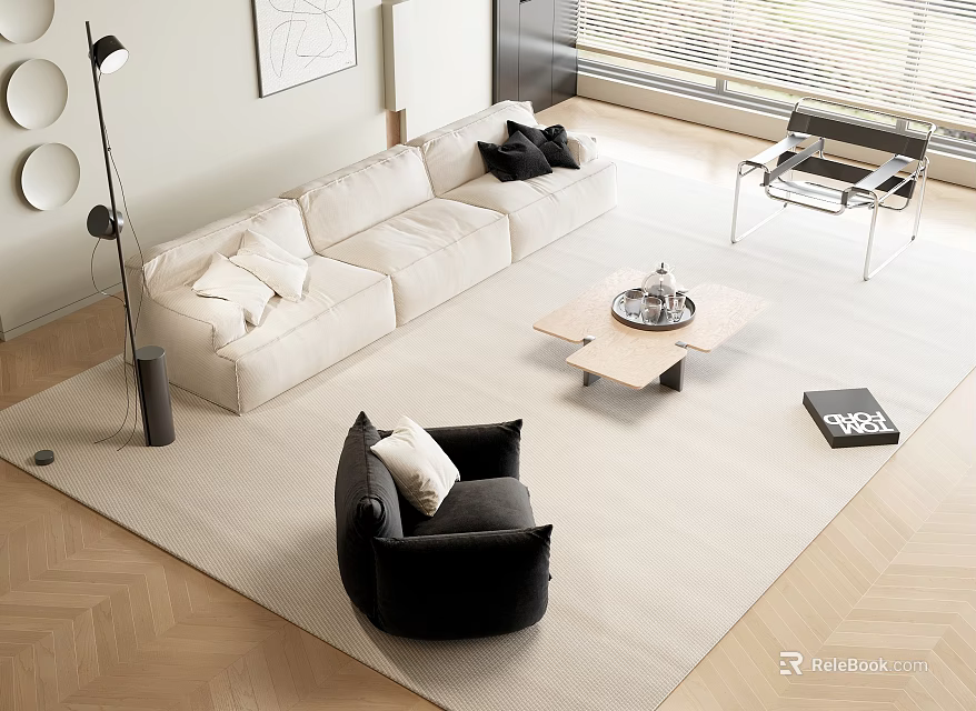 Modern Light Beige Sofa And Coffee Table Set With Black Accent Chair And Area Rug 3d model 