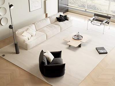 Modern Light Beige Sofa And Coffee Table Set With Black Accent Chair And Area Rug 3d model
